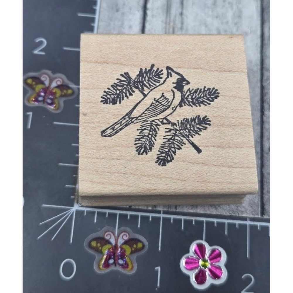 Double D Cardinal Bird Pine Branch 1997 Rubber Stamp Wood #S10